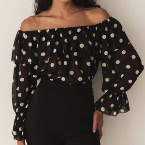 Doen Black and White Polka Dot Off-Shoulder Vivian Blouse